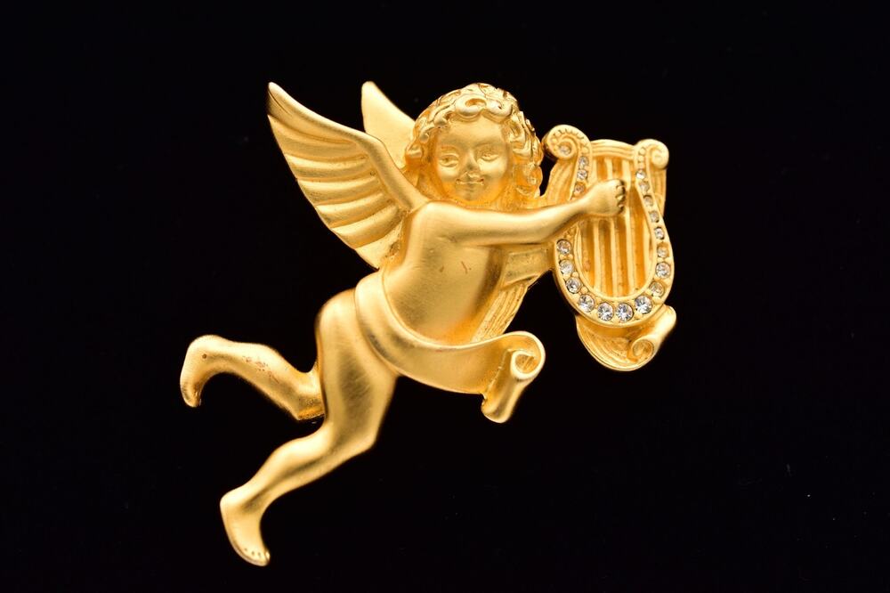 Givenchy Vintage Angel Pin Brooch Cherub Crystal Harp Brushed Gold Signed BinAC